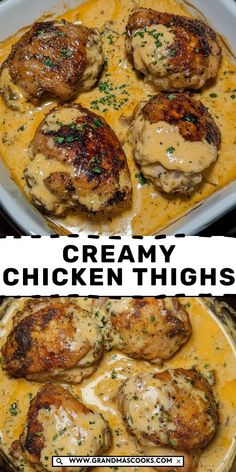 chicken thighs with gravy in a white casserole dish