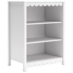 a white bookcase with three shelves on each side and an open shelf above it