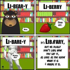 a comic strip with an image of a bear and a strawberry in front of bookshelves