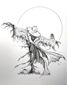 a black and white drawing of a scarecrow