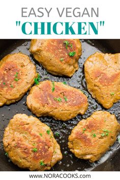 easy vegan chicken patties in a skillet with parsley on the side