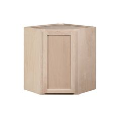 the corner cabinet is made out of wood and has no doors on one side,