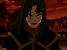 an anime character with long black hair standing in front of a red sky