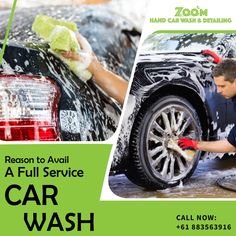 a man washing a car with a sponge on it and the words, reason to avail a full service car wash