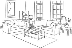 a line drawing of a living room with couches, tables and coffee table in it