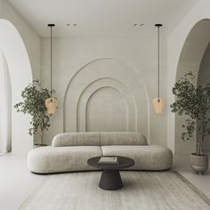 a modern living room with white walls and arches