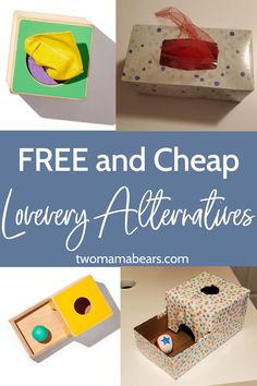 there are several boxes with different items in them and the words, free and cheap lovely alternatives