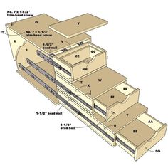 the drawers are labeled with measurements for each drawer