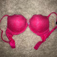 Brand-New With Tags's Victoria's Secret Padded Push-Up Bra 32d, Hot Pink With Lavender Lace Pink Stretch Bra For Night Out, Pink Underwire Bra For Night Out, Party Push-up Bra With Removable Pads, Pink Lined Body Bra For Night Out, Pink Lined Bra For Night Out, Victoria's Secret Padded Push-up Bra, Victoria's Secret Push-up Bra With Padded Cups, Pink Party Bra With Lined Body, Pink Lined Bra For Party