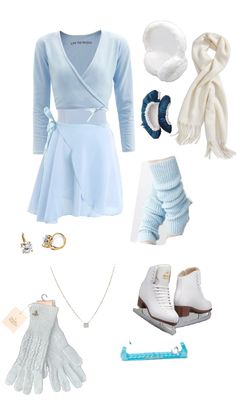 a woman's outfit and accessories including gloves, socks, mittens, scarves