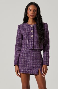 Tweed cropped jacket
Shoulder padding
Fully lined
Functional front pockets
Button front closure
Dry clean only
Self: 100% Polyester / Lining: 100% Polyester
Style #ACT17853TW Black Tie Bridesmaids, Tweed Cropped Jacket, Fall Floral Dress, Tweed Mini Skirt, Astr The Label, Sweater Sale, Long Sleeve Bodycon Dress, Cropped Jacket, Women's Coats & Jackets