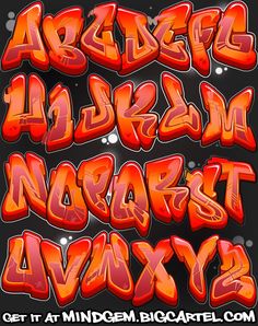 an alphabet with red letters and numbers in the style of graffiti on a black background