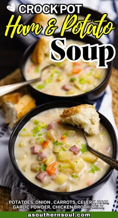 two black bowls filled with ham and potato soup on top of a white towel next to bread