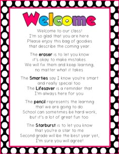 a pink and black polka dot welcome sign with the words welcome to your class, i'm so glad that you are there