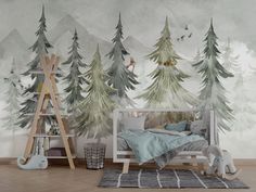 a child's room with trees painted on the wall and a bed in the foreground