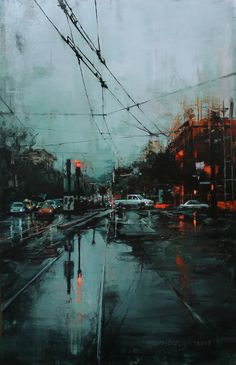 an oil painting of a city street at night with cars driving on the road and power lines above