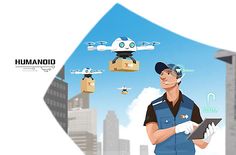 a man holding a tablet in front of an image of a flying plane and buildings