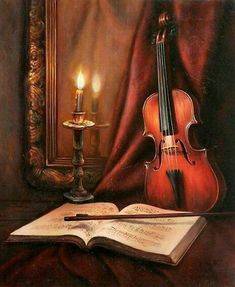 an oil painting of a violin next to a candle and book on a table with a mirror