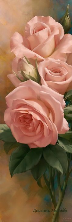 three pink roses with green leaves on a brown and blue background in pastel colors