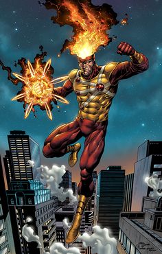 a man flying through the air while holding a fireball in his hand and surrounded by buildings