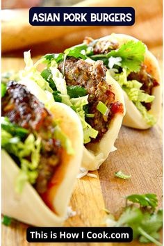 Asian Pork Burgers are a great tasting pork patty recipe made with Asian flavors. Perfect as sliders or burgers, and great on a steamed bun!#asianporkburgersrecipes #asiangroundporkburgers #asianstyleporkburgers Ground Pork Sliders, Asian Ground Pork, Ground Pork Burgers, Pork Burgers Recipes, Burger Sliders Recipes, Patty Recipe, Fancy Appetizers, Asian Pork, Hearty Comfort Food