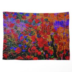 an abstract painting with red flowers and blue sky