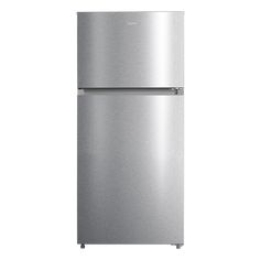 a silver refrigerator freezer sitting on top of a white wall