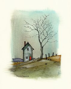 a watercolor painting of a tree and a house in the distance with no leaves on it