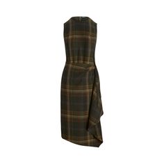 This sleeveless version of our signature cascading faux-wrap dress is crafted from wool-blend herringbone with a muted plaid pattern. Dress Pattern Plaid, Ralph Lauren Fall Dresses, Tartan Dress Boots, Plaid Dresses Fall, Plaid Single Breasted Dress, Black And Brown Plaid Dress, Black Watch Plaid Dress, Belted Winter Dress, Wrap Dresses For Winter