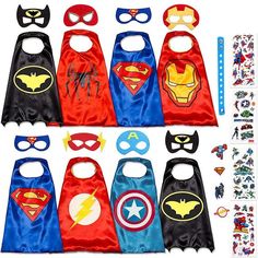 a bunch of different types of superhero capes and masks for kids to play with