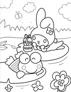 a cartoon character floating on an inflatable raft with flowers and clouds behind it