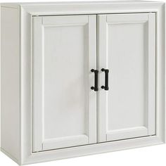 a white cabinet with two doors and black handles