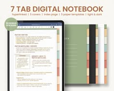 the 7 tab digital notebook is open and ready to be used on your computer or tablet