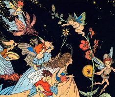 an image of some fairy like people in the night sky with flowers and stars around them