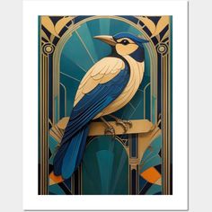 a blue and white bird sitting on top of a piece of art deco paper in front of a stained glass window