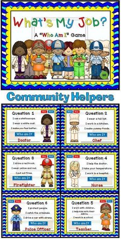 what's my job? community helpers poster with four different pictures and text