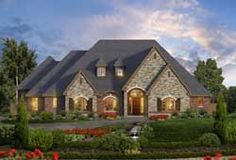 this is an artist's rendering of a house in the country style with stone and brick accents