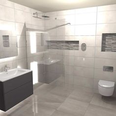 a bathroom with a sink, toilet and shower stall in white tile on the walls