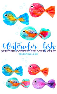 four colorful fish made out of paper with watercolors on them and the words waiting for