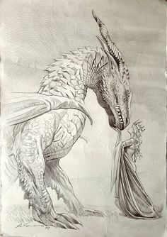 a drawing of a dragon holding a flower in its mouth