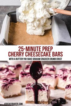 two pictures with different types of cheesecakes and the words 25 - minute prep cherry cheesecake bars