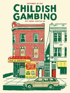 a poster for a restaurant called childishish gamboino, with a car parked in front