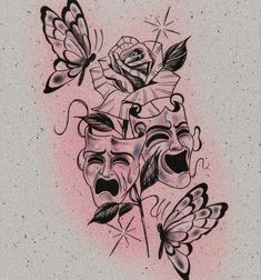 a drawing of two masks and butterflies on a pink background with the caption follow