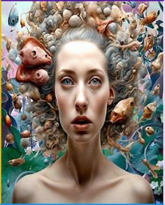 a painting of a woman's face surrounded by sea creatures