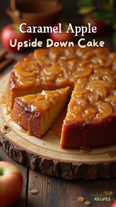 caramel apple upside down cake on a wooden board with apples in the background and text overlay