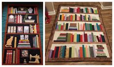 two pictures side by side, one with bookshelves and the other with quilts