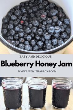 blueberry honey jam in three jars with text overlay