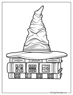 the wizard hat is sitting on top of some books coloring page for adults and children