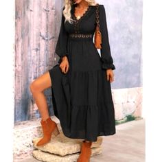 Black Midi Dress With Lace/Embroidered Details Nwot Size Large Black Midi Dress Boho, Black Dress With Cowboy Boots Wedding, Black Maxi Dress Western, Dress With Ankle Boots Dressy, Black Western Dress, Western Formal Dresses, Western Lace Dresses, Black Bohemian A-line Dress, Bkack Western Dress