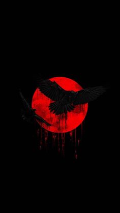 two black birds flying in front of a red moon with blood dripping down the side